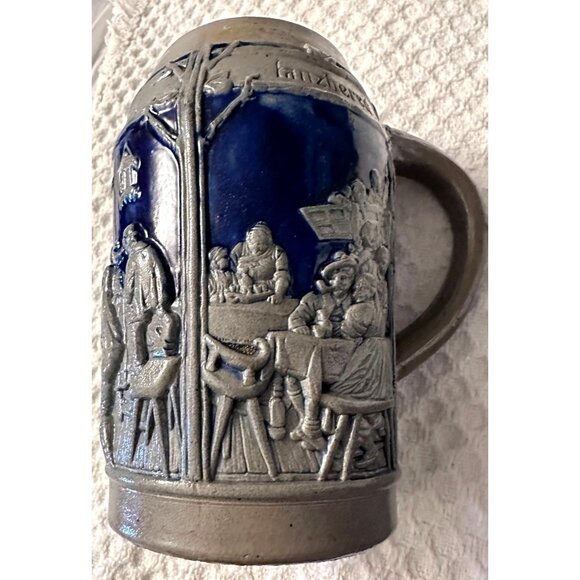 German Stoneware Blue Gray Stein Mug Handle Raised Designs Celebrate - Picture 3 of 7